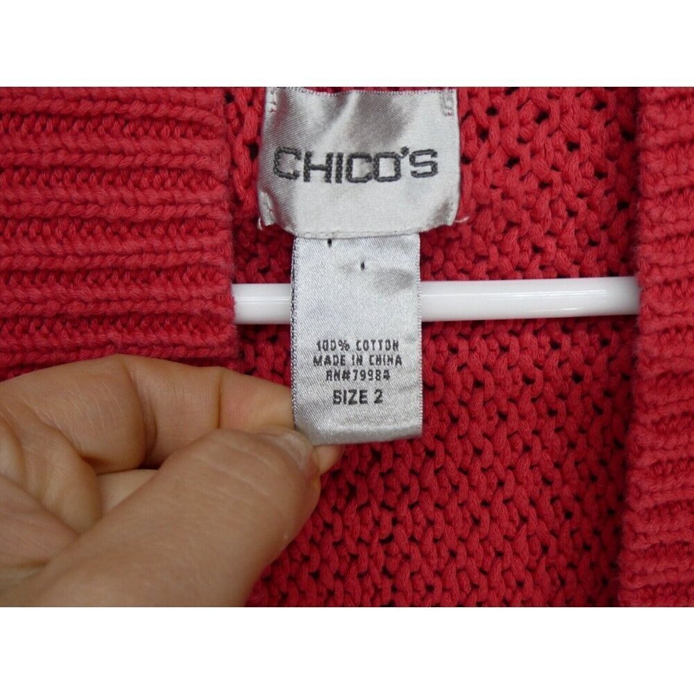 Chico's Open Knit Cardigan Sweater Pink Size 2 (L/12) 3/4 Bell Sleeve Chunky - Picture 7 of 10